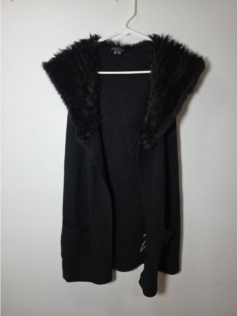 Theory Womens Grey Black Rabbit Fur Hooded Wool Vest Cardigan Small Chic Elegant